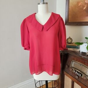 Vintage Women's Collar Top Puff Sleeve Red Semisheer Blouse M L